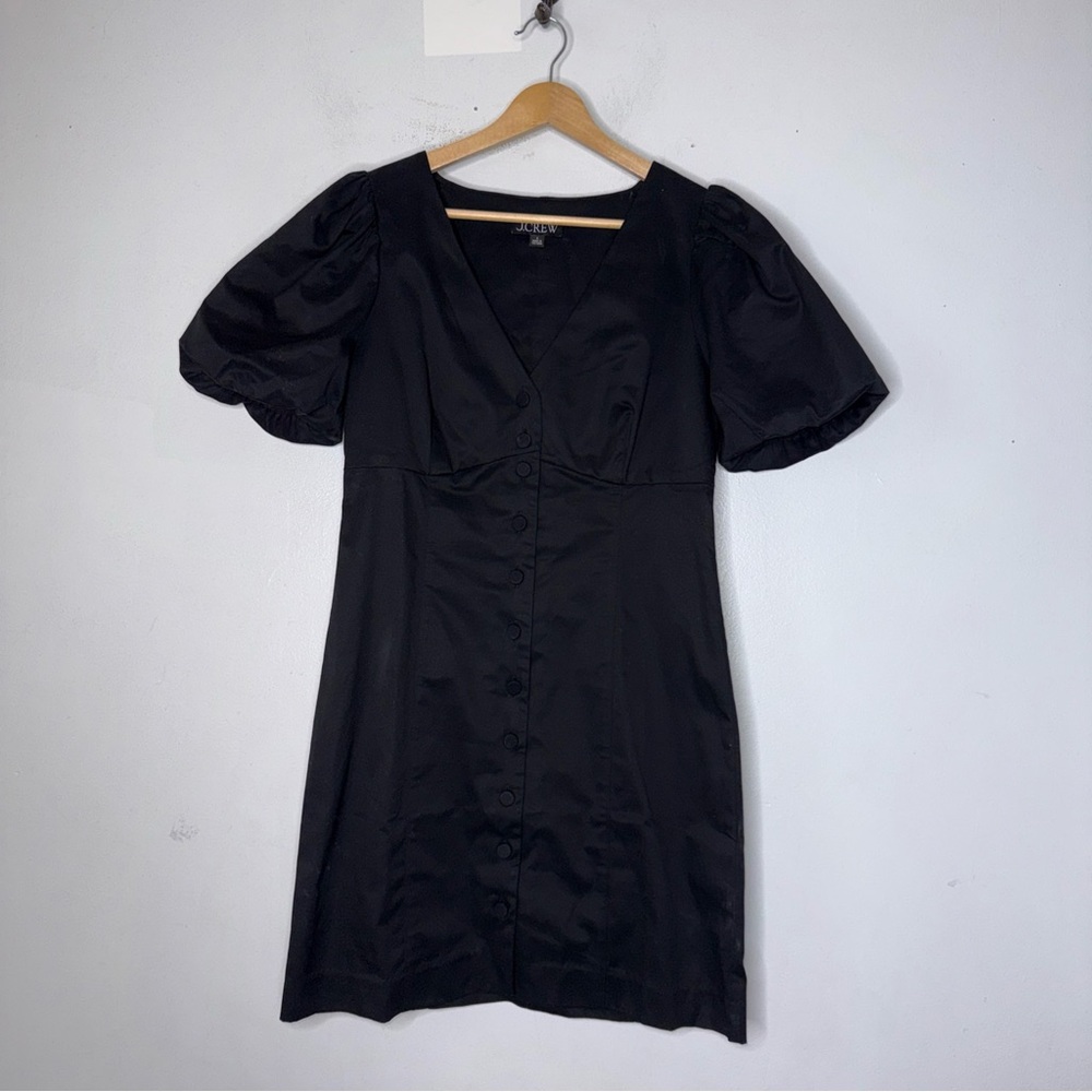 J.Crew black button front puff‎ sleeve dress size 6 V Neck Style BP874